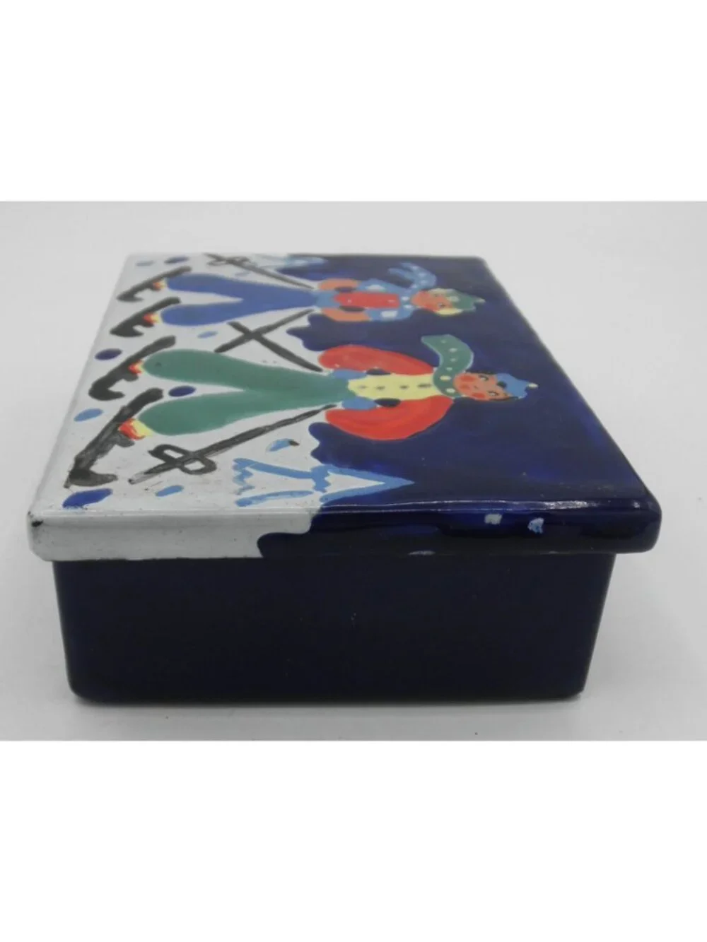 VTG Rectangular Enamel Over Metal Trinket Dresser Box Skiers FLAW CHIPPED ENAMEL
